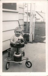 Toddler, car walker, stuffed animal, cement porch Babies Postcard Postcard Postcard