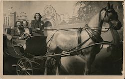 New York Worlds Fair 1940 Staged Photo of Three Women in Wagon drawn by One Horse - with Painted Background Postcard