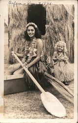 Hula Girls & Canoe Grass Skirts Postcard