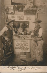 Two cowboys with guns, chaps, hats at fake bar, spittoon. Portland, OR Postcard Postcard Postcard