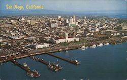 Air View of city buildings, port, ships San Diego, CA Postcard Postcard Postcard