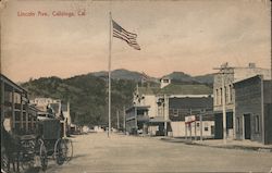 Lincoln Ave, US flag, horse drawn wagon Calistoga, CA Postcard Postcard Postcard