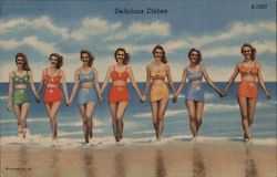 Delicious dishes. Seven bathing beauties walking out of the lake surf Canandaigua, NY Postcard Postcard Postcard