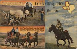 Early-Day Transportation in West Texas. Ox drawn covered wagon, stage coach, pony express rider Cowboy Western Postcard Postcard Postcard