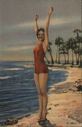 Bathing Beauty stretching on beach, palm trees, surf Postcard