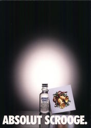 Absoult Scrooge. Vodka bottle and holiday card with bells and holly Postcard