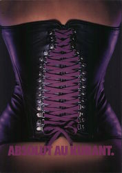 Absolut Au Kurant. Purple laces on black corset. Postcard