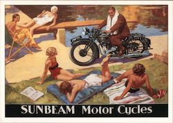 Sunbeam Motor Cycles. Painting of man on motorcycle by pool of girl sunbathers. Advertising Postcard Postcard Postcard