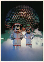 Epcot. Micky and Goofy in spacesuits in front of Geosphere Orlando, FL Postcard Postcard Postcard