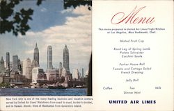 United Air lines Menu. View of Manhattan from Governors Island. Airline Advertising Postcard Postcard Postcard