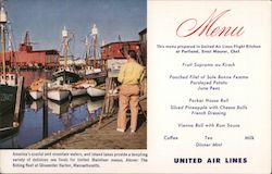 United Air Lines Mainliner Menu. The fishing fleet at Gloucester Harbor, Massachusetts Postcard