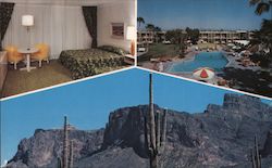 Sunburst Hotel, pool, room, cactus and mountains Postcard