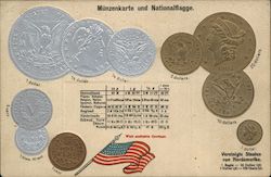 German American Gold Dollars Coins Flag Postcard