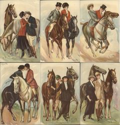 Set of 6 Italian Art Deco Love & Horses Grande Postcard Postcard Postcard