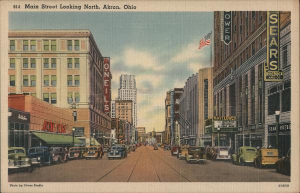 Main Street Looking North Akron, OH Postcard