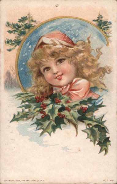 Portrait of Blonde Girl With Holly Children Postcard