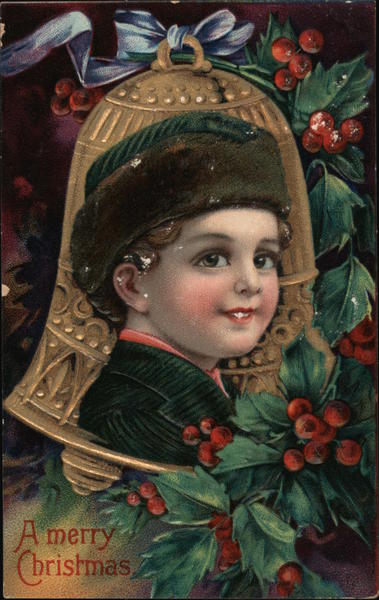 A Merry Christmas (Boy and bell) Children Postcard