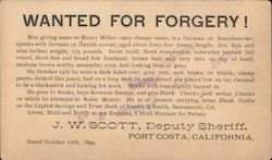 Wanted for Forgery! Man Giving His Name as Henry Miller Porta Costa, CA Reward Cards Postcard Postcard Postcard