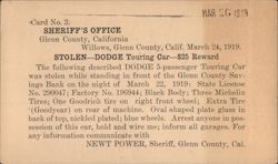 Sheriff's notice of a stolen car, 1919. Postcard