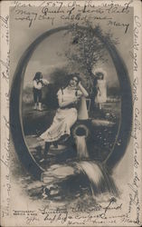 Rotograph of peple at a water spring. Postcard