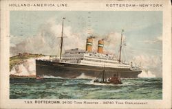 Holland-America Line. Rotterdam-New York T.S.S. Rotterdam. 24150 Tons Register 34740 Tons Displacement. Postcard