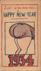 Just Wishing You A Happy New Year 1934. (drawing of a mooning butt) Postcard