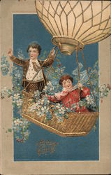 Birthday Greeetings: Couple in a hot air balloon with flowers Postcard Postcard Postcard