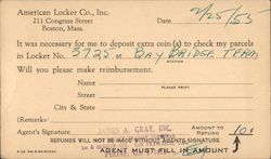 Refund request form, American Locker Co., 1955 Boston, MA Postcard Postcard Postcard