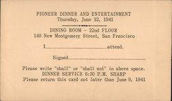 RSVP card for Pioneer Dinner and Entertainment, San Francisco, 1941 Postcard