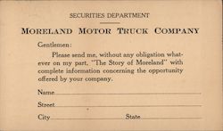 Order form for stock investment information, Moreland Motor Truck Company Postcard