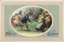 A Happy Easter. Bunnies and chicks in human clothing. With Bunnies Postcard Postcard Postcard