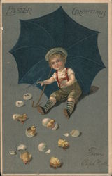 Easter Greetings. Boy with umbrella, and hatching chicks. Postcard