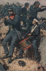 Drum and fife play during an infantry battle Civil War Postcard Postcard Postcard