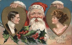 Best Christmas Wishes. Santa holding a man and woman in hearts. Postcard