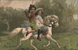 Boy and Girl riding horse Postcard