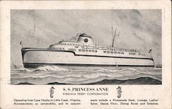 S.S. Princess Anne Virginia Ferry Corporation Operating From Cape Charles to Little Creek, Virginia Postcard