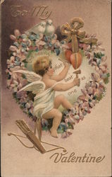 Two Hearts That Beat as One - Heart Wreath, Doves, Cupid Postcard Postcard Postcard