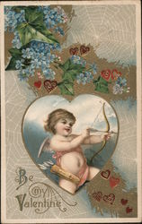 Be My Valentine - Chubby Cupid, Flowers, Hearts, Cobwebs Postcard