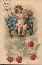 To My Valentine. Cupid driving flower cart drawn by doves with hearts. Postcard Postcard Postcard