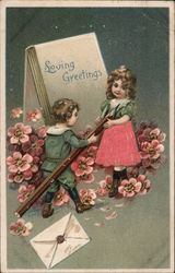 Loving Greetings. Children with giant pencil and flowers. Postcard