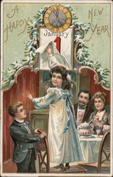 A Happy New Year (family with clock and calendar) Postcard