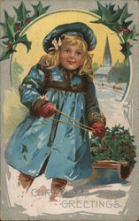 Christmas Greetings (girl with sled) Postcard