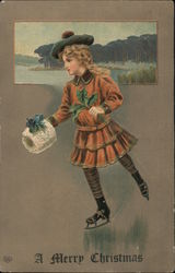 A Merry Christmas (girl ice skating) Children Postcard Postcard Postcard