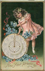 New Year Greetings. (Girl with flowers and clock.) Postcard