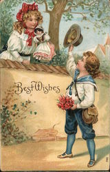 Best Wishes. Boy greeting Girl over a garden wall. Children Postcard Postcard Postcard