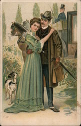 Couple with dog and horse carriage Postcard