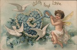 With Fond Love (Key with Heart, Cupid, Doves) Postcard