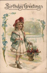 Birthday Greetings (Girl with card and flower basket) Postcard Postcard Postcard