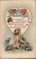 To My Valentine. Cupid with poem in a heart. Postcard