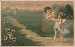 To My Valentine. Cupid practicing archery. Postcard